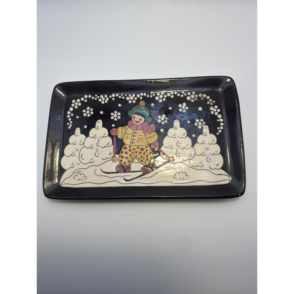 Edy Rominger Swiss Studio Pottery Skiing Child Winter Scene Ceramic Tray 6x4